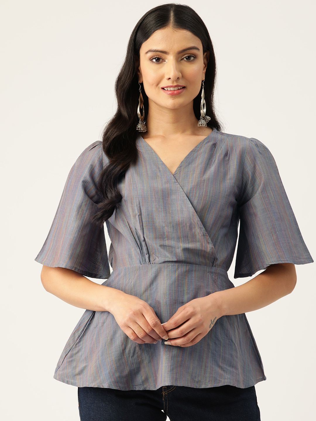 

ZIZO By Namrata Bajaj Flared Sleeves Dobby Wrap Top, Grey