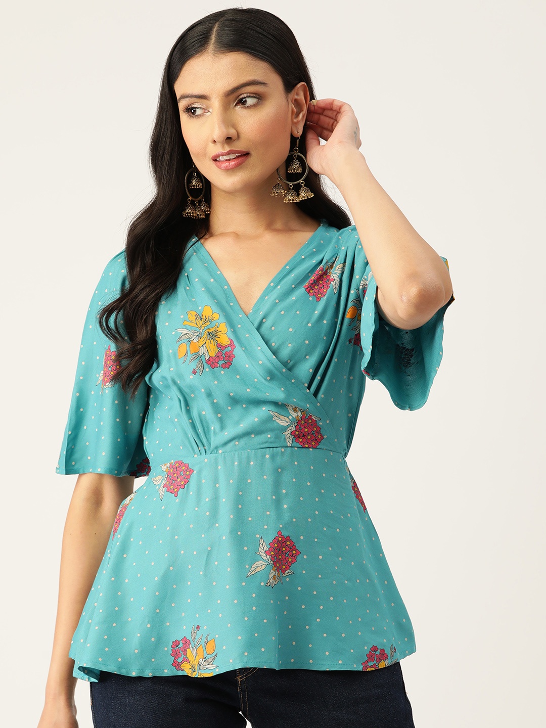 

ZIZO By Namrata Bajaj Polka Dot Print Flared Sleeves Liva Wrap Top, Turquoise blue