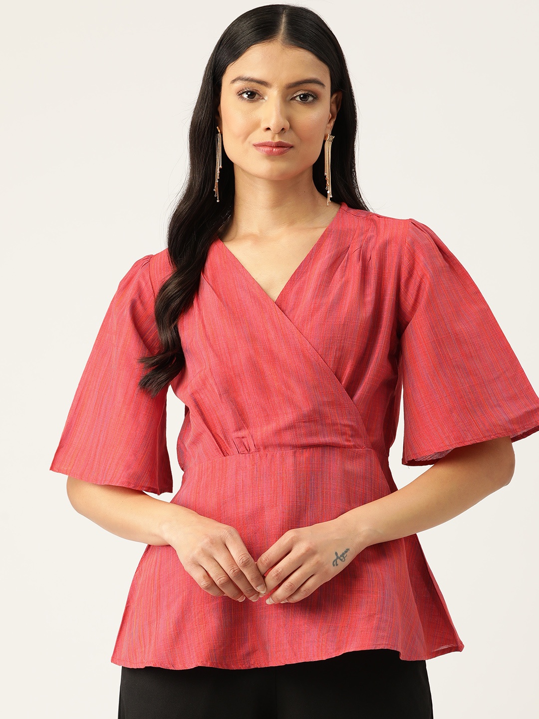 

ZIZO By Namrata Bajaj Flared Sleeves Dobby Wrap Top, Red