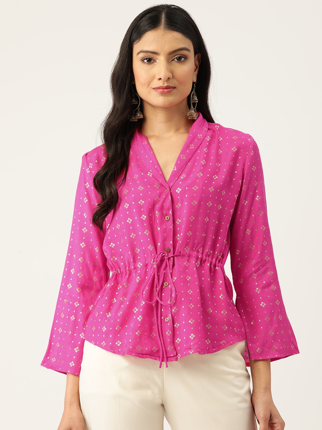 

ZIZO By Namrata Bajaj Ethnic Motifs Print Slit Sleeves Liva Ethnic Top, Fuchsia