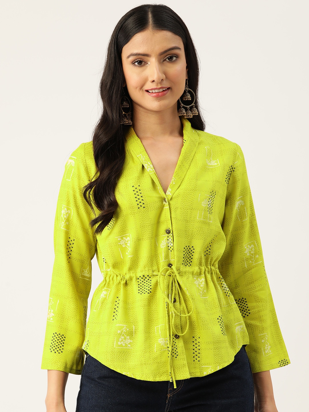 

ZIZO By Namrata Bajaj Printed Slit Sleeves Liva Ethnic Top, Lime green