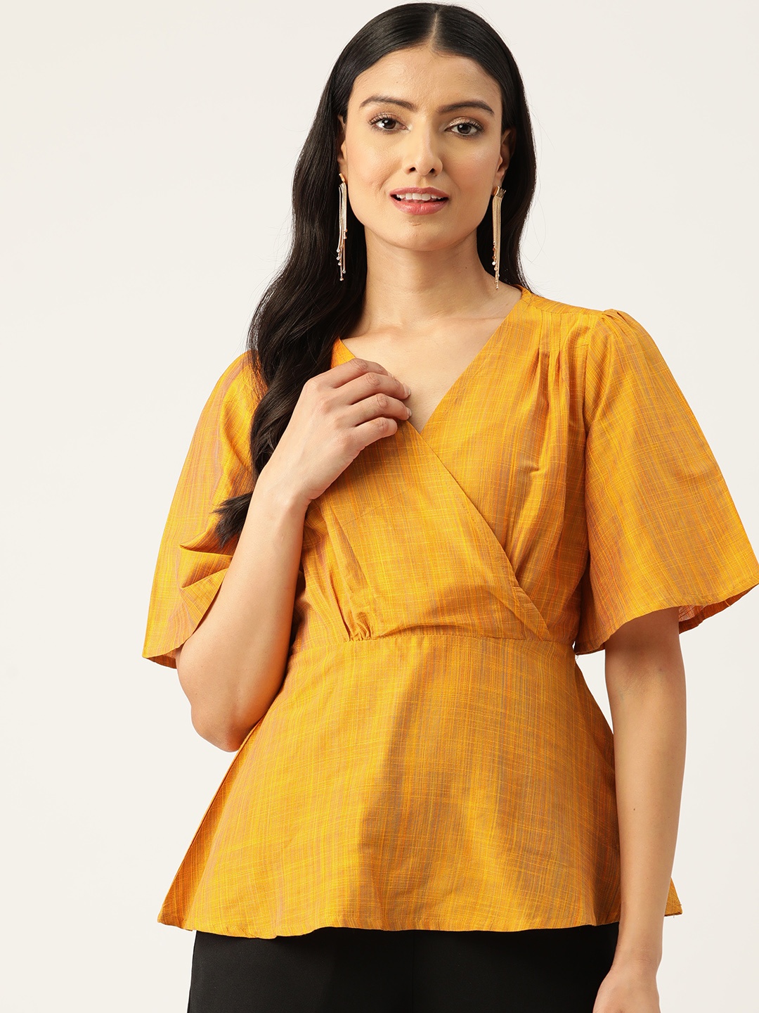 

ZIZO By Namrata Bajaj Flared Sleeves Dobby Wrap Top, Mustard