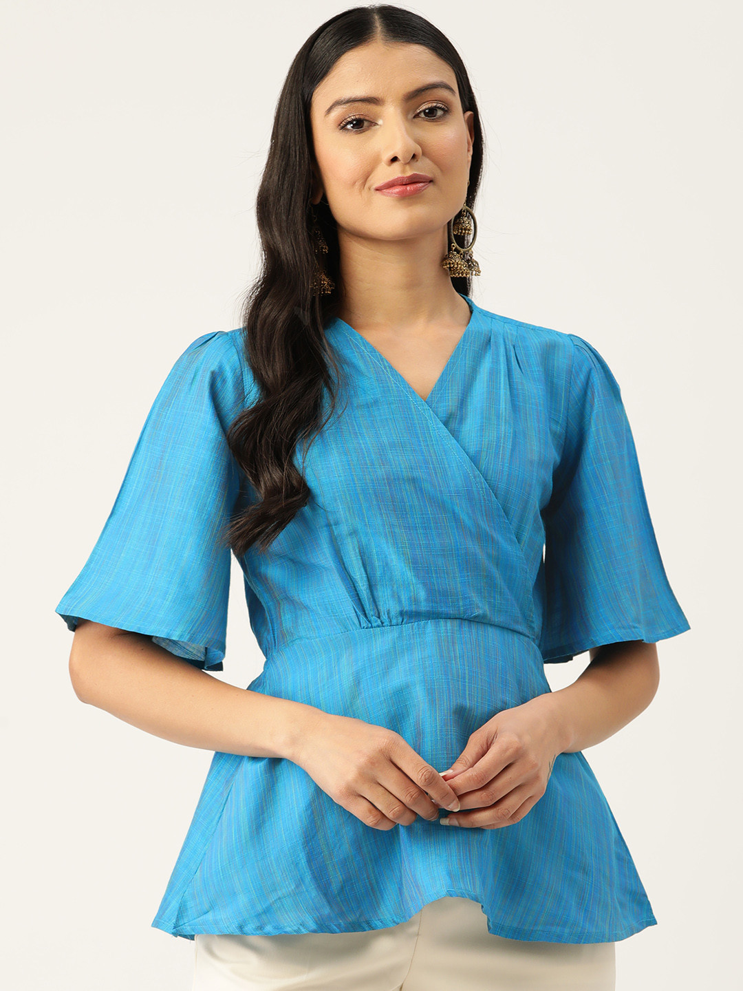 

ZIZO By Namrata Bajaj Flared Sleeves Dobby Wrap Top, Blue