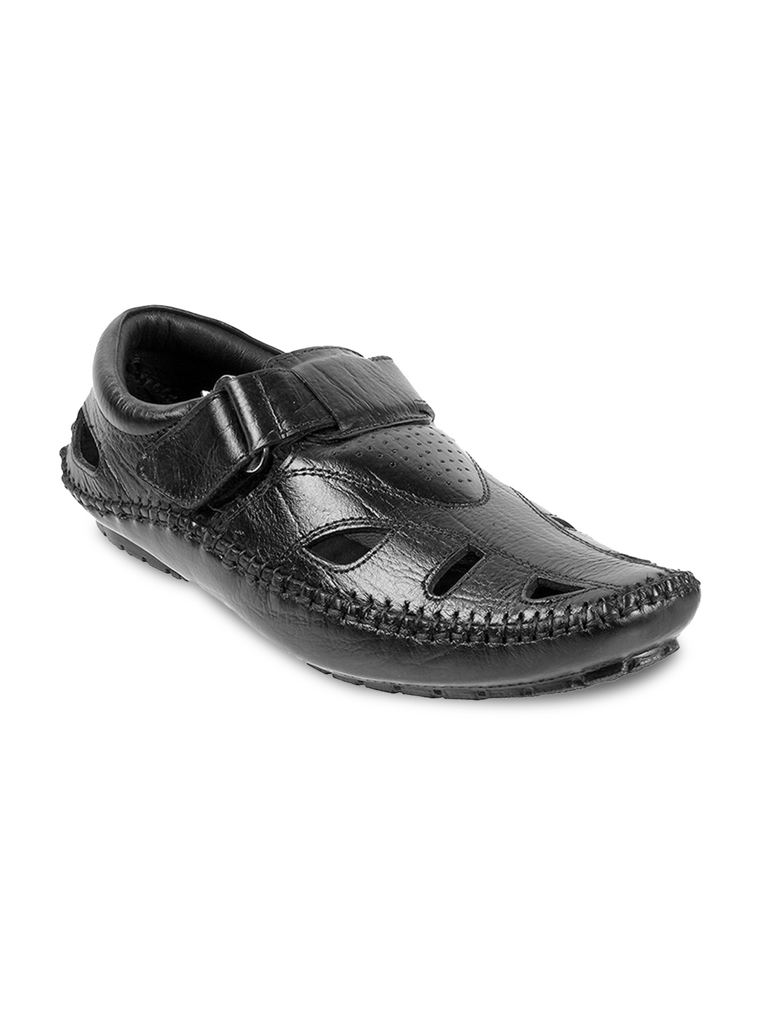 

Mochi Men Textured Leather Shoe-Style Sandals With Velcro Closure, Black