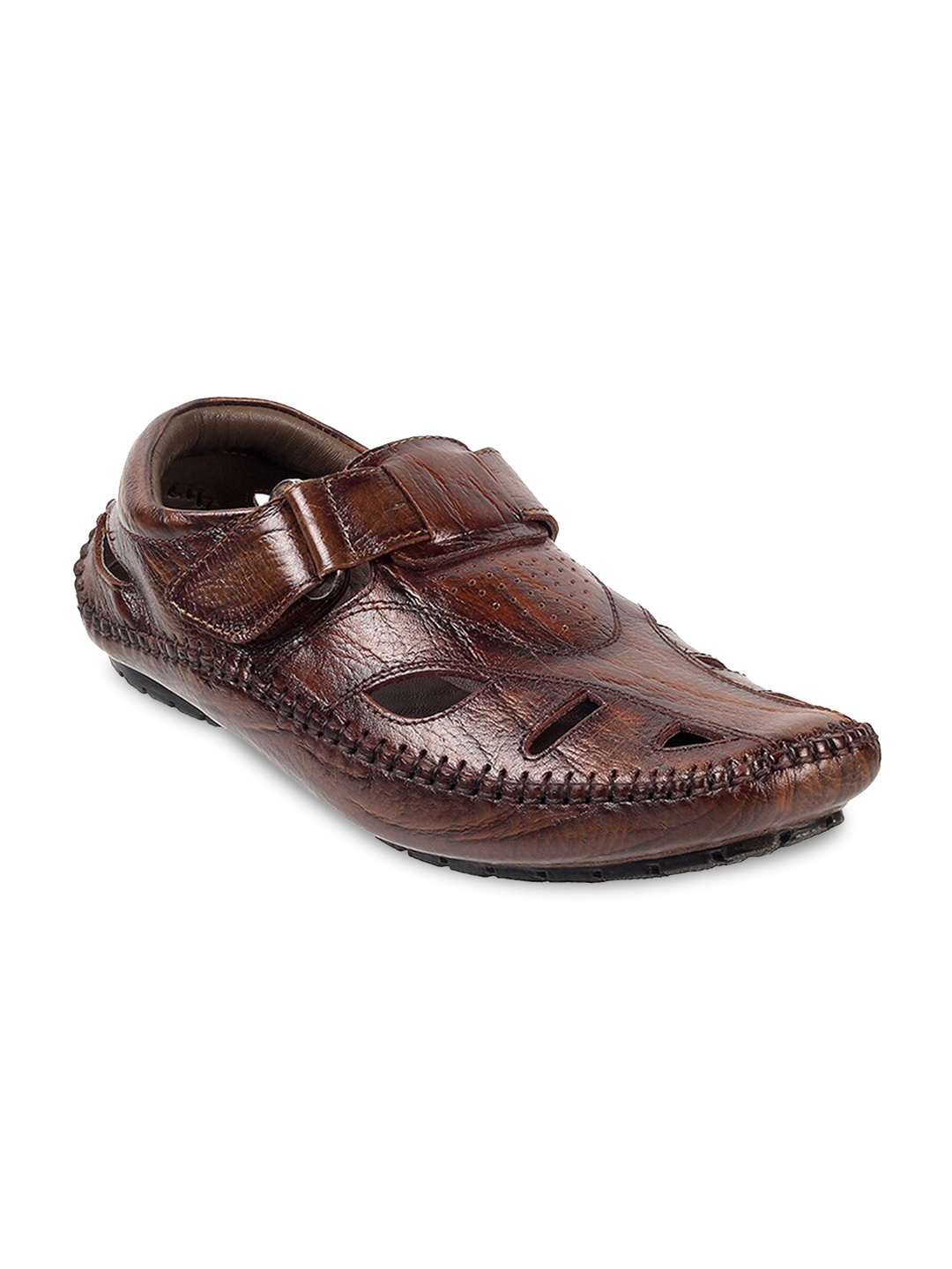

Mochi Men Textured Leather Shoe-Style Sandals With Velcro Closure, Tan