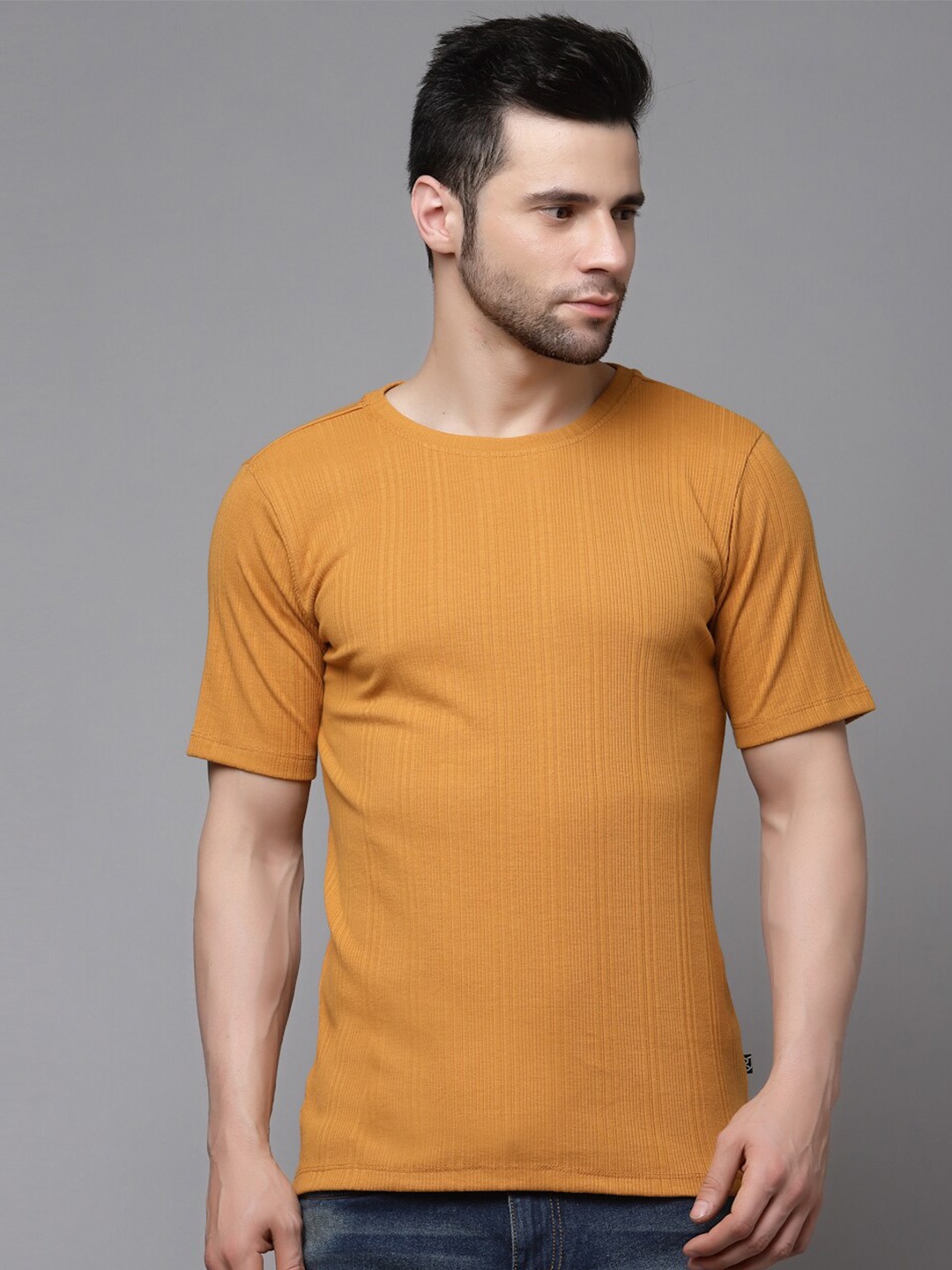 Rigo Men Mustard Cotton Casual T-shirt