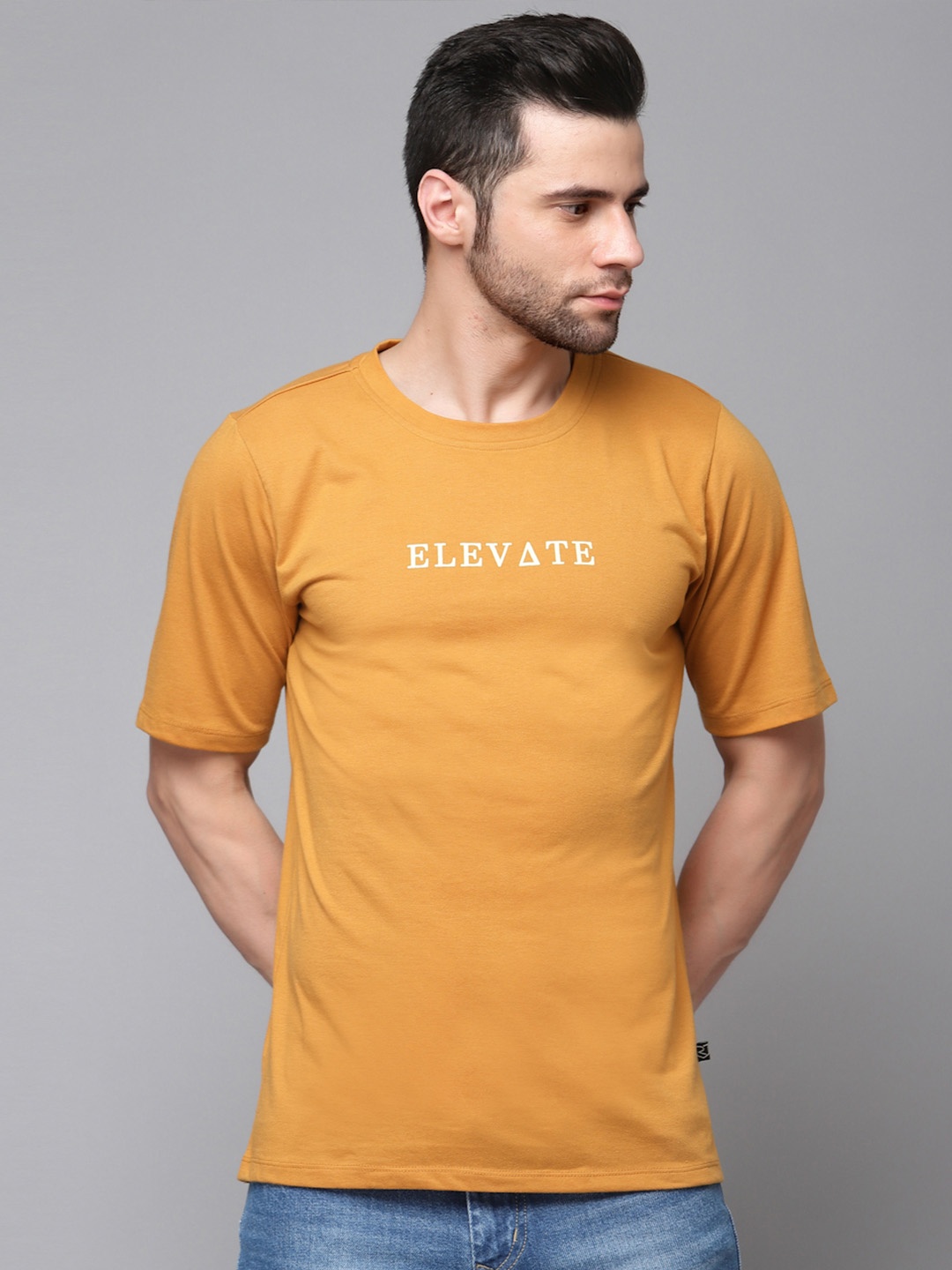 Rigo Typographic Printed Oversized Drop Shoulder Sleeves Pure Cotton Sports T-shirt, Yellow