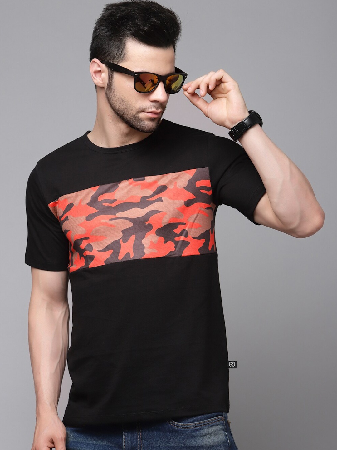 Rigo Camouflage Printed Round Neck Cotton Slim Fit T-shirt, Black