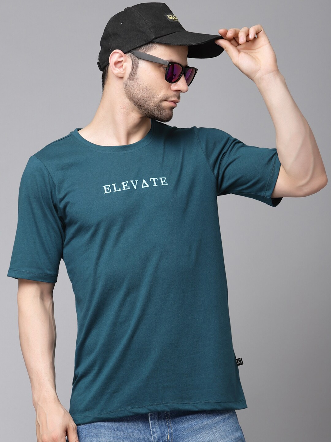 

Rigo Men Typography Printed Drop-Shoulder Sleeves Cotton Oversized T-shirt, Teal