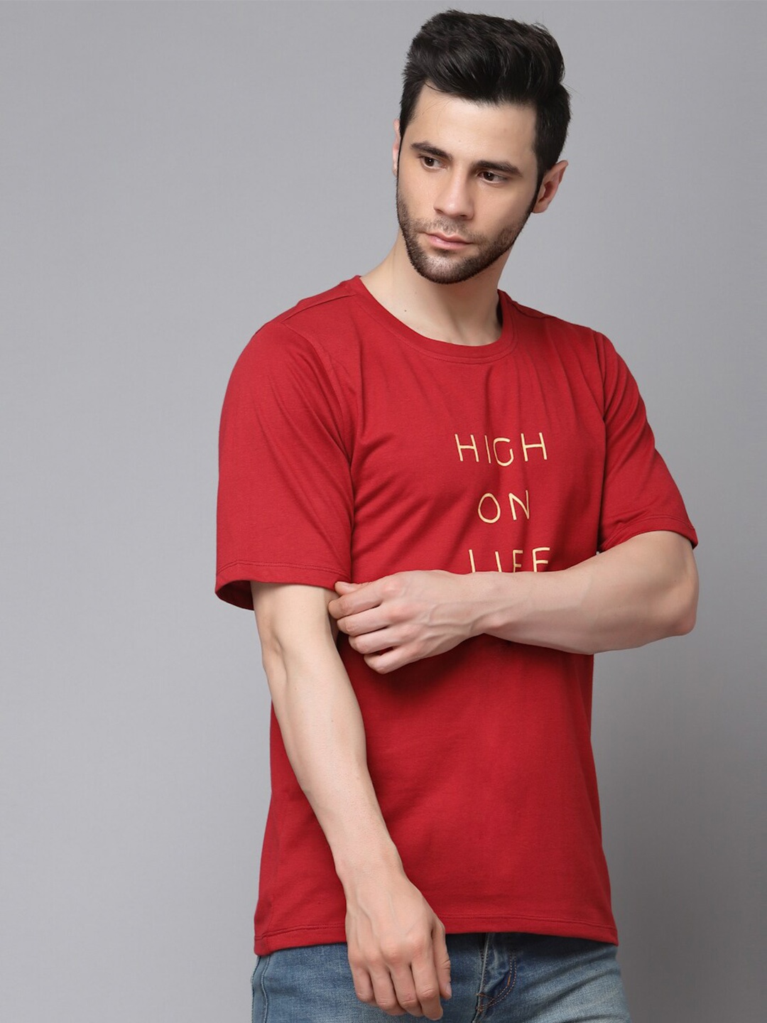 Rigo Typography Printed Round Neck Cotton Oversized T-shirt, Red