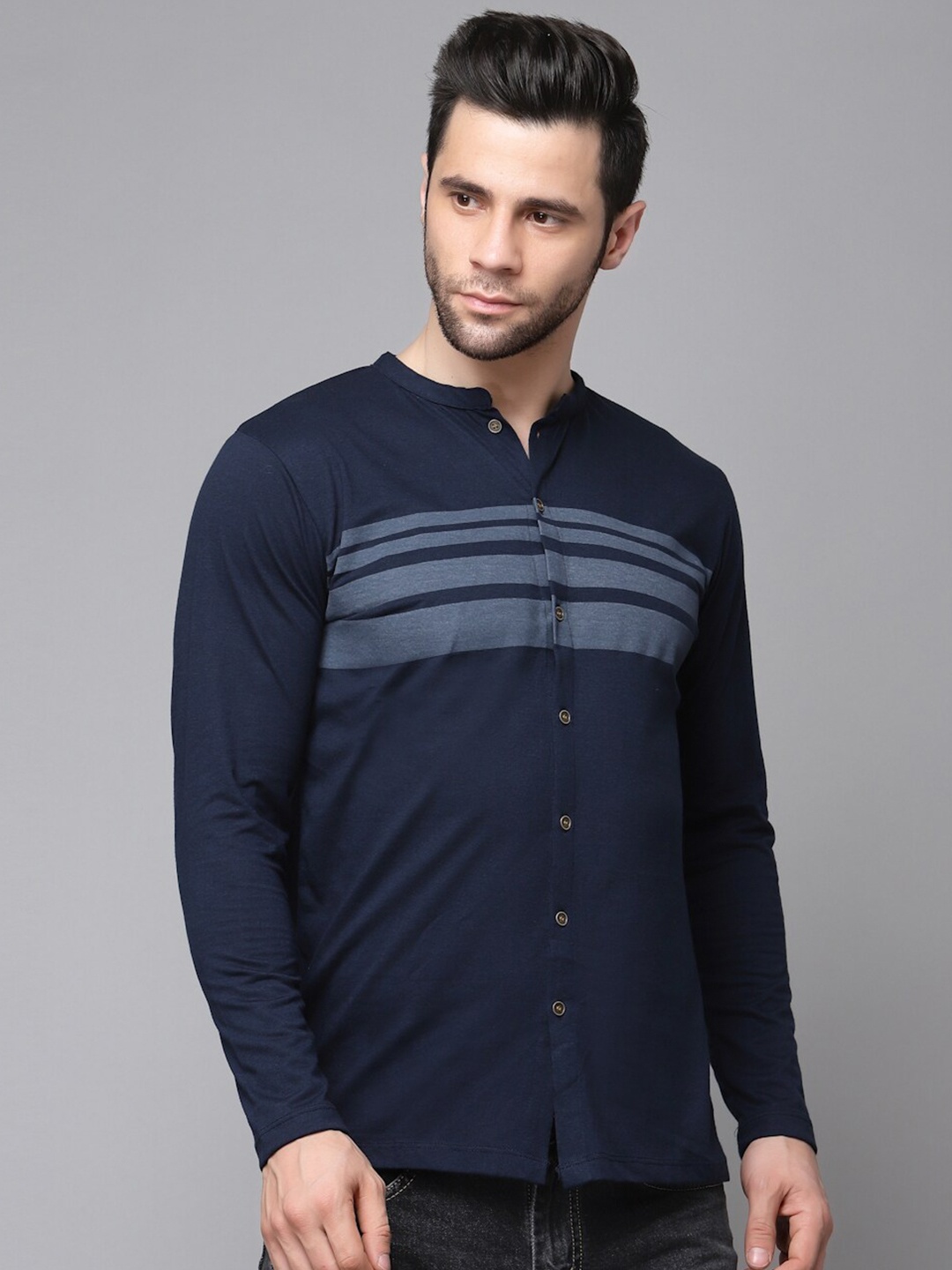 

Rigo Striped Band Neck Cotton Slim Fit Shirt, Blue
