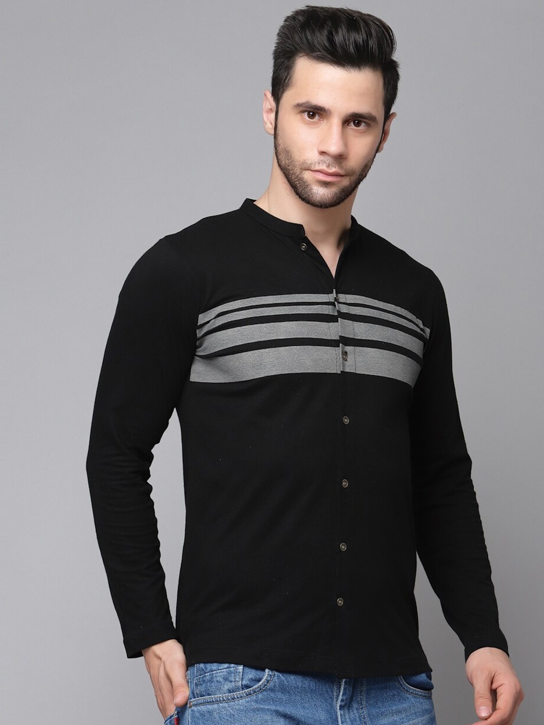 

Rigo Striped Band Neck Cotton Slim Fit Shirt, Black