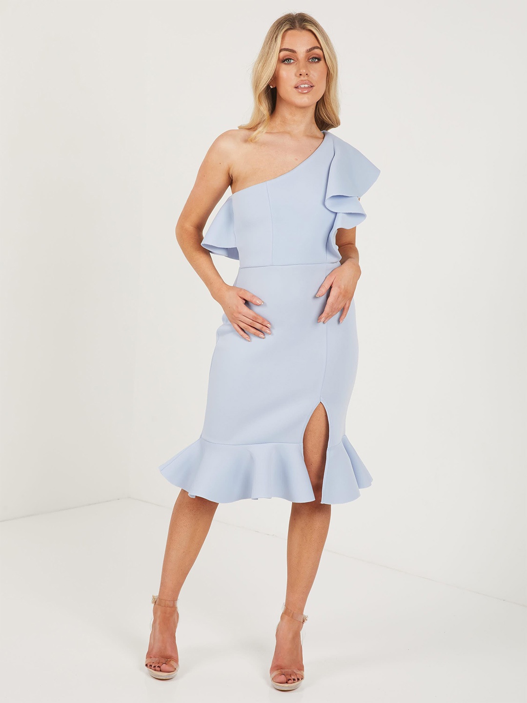 

QUIZ One Shoulder Flutter Sleeve Sheath Dress, Blue