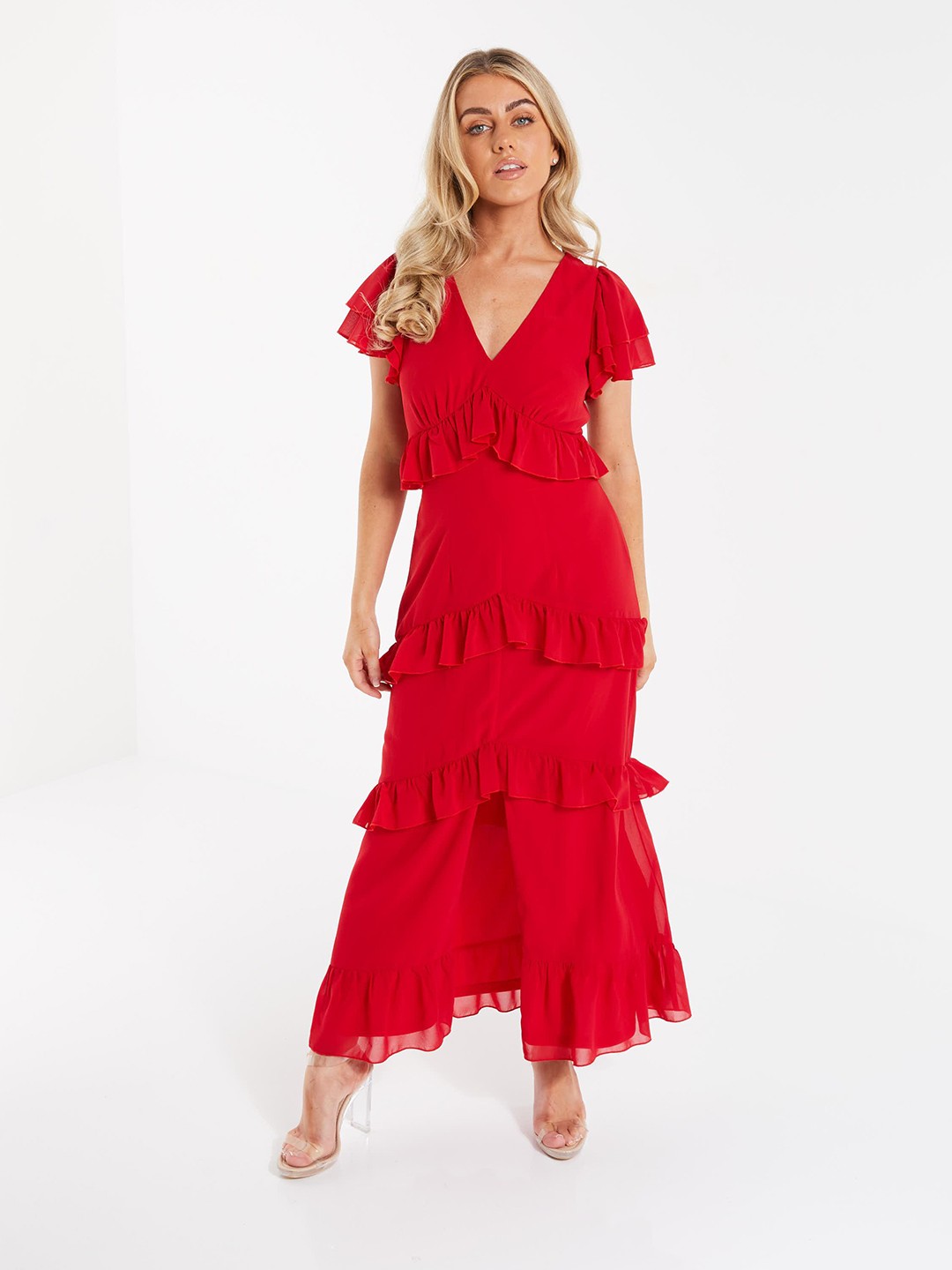 

QUIZ V Neck Frill Split Front Maxi Dress, Red
