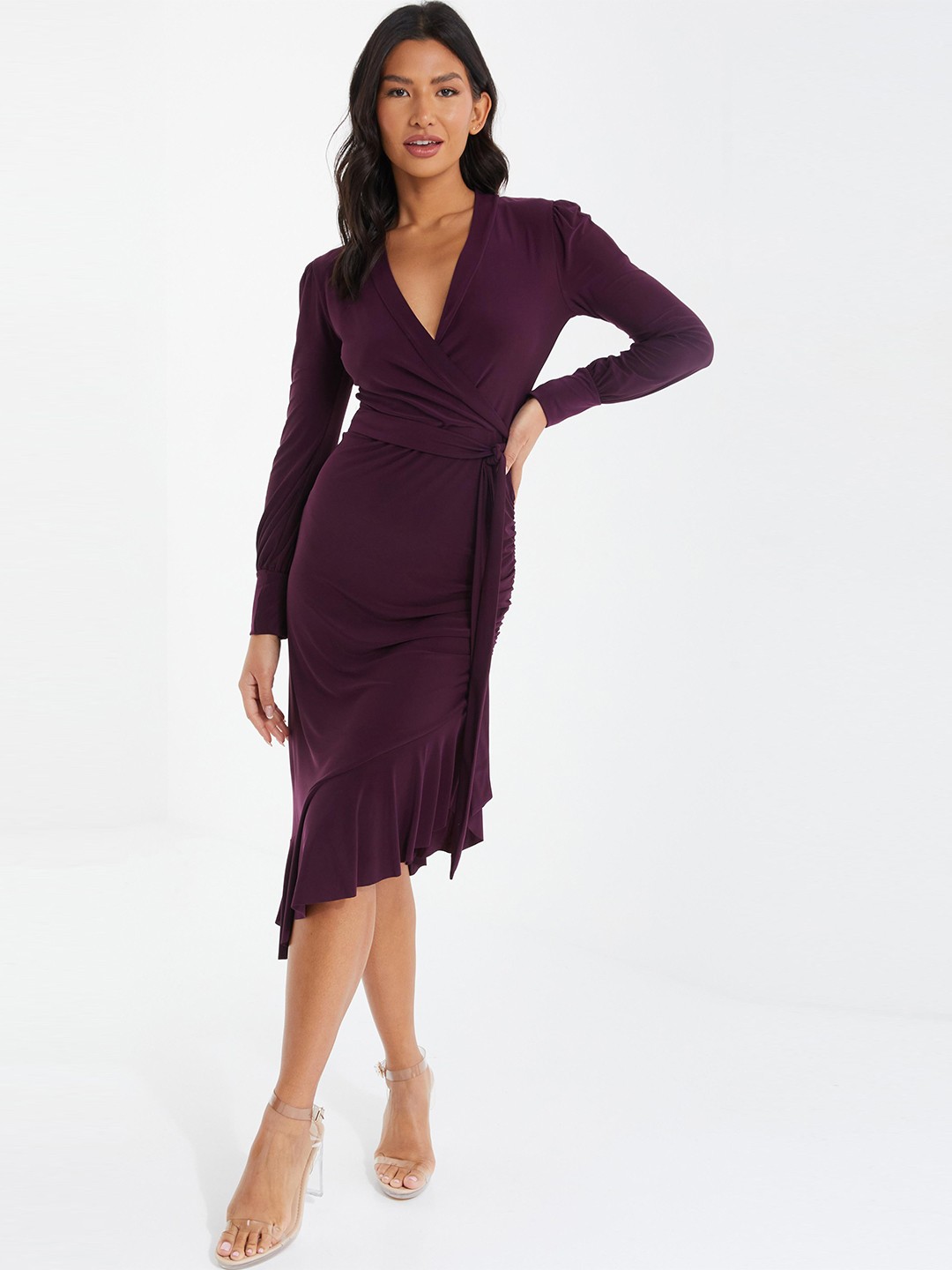 

QUIZ V-Neck Asymmetric Midi Dress, Purple