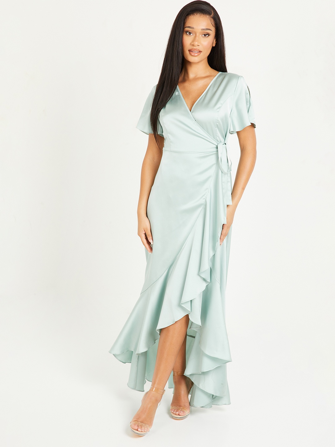 

QUIZ Flared Sleeves High-Low Hem Wrap Dress, Green