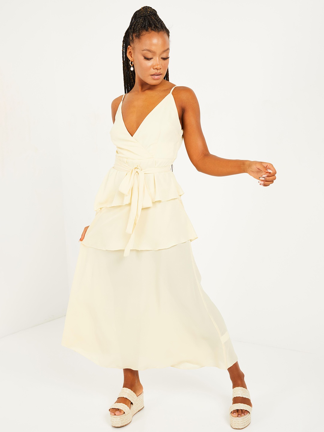 QUIZ Shoulder Straps Layered A-Line Midi Dress With Belt, Yellow