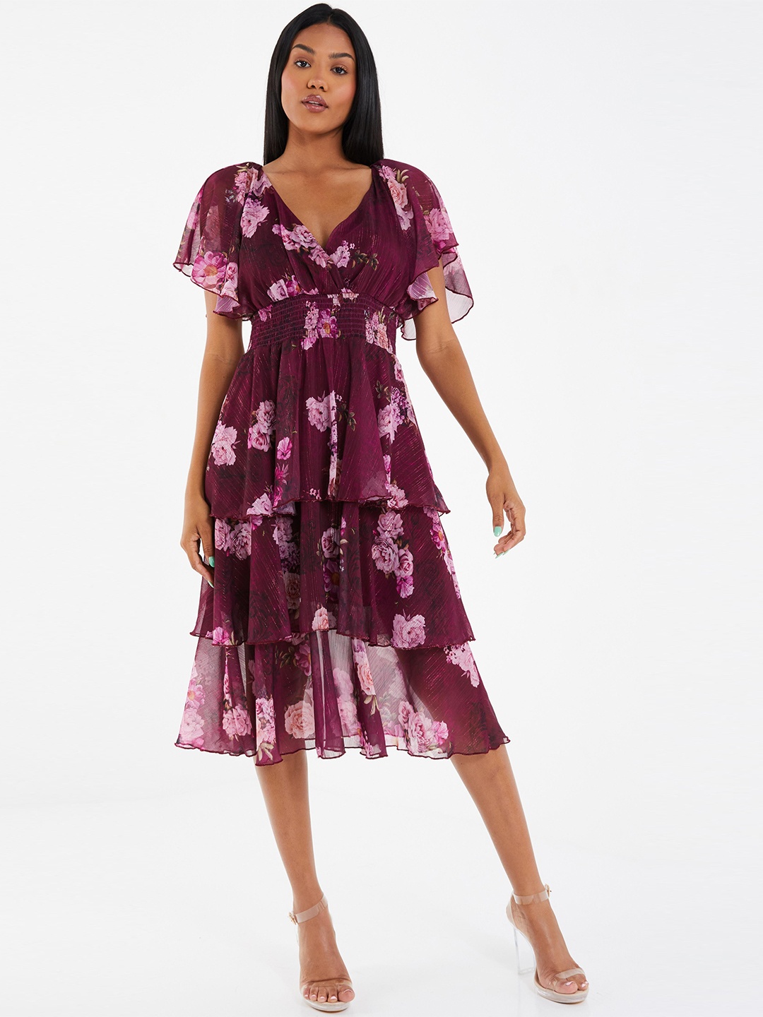 

QUIZ Floral Print Flared Sleeve Fit & Flare Midi Dress, Purple