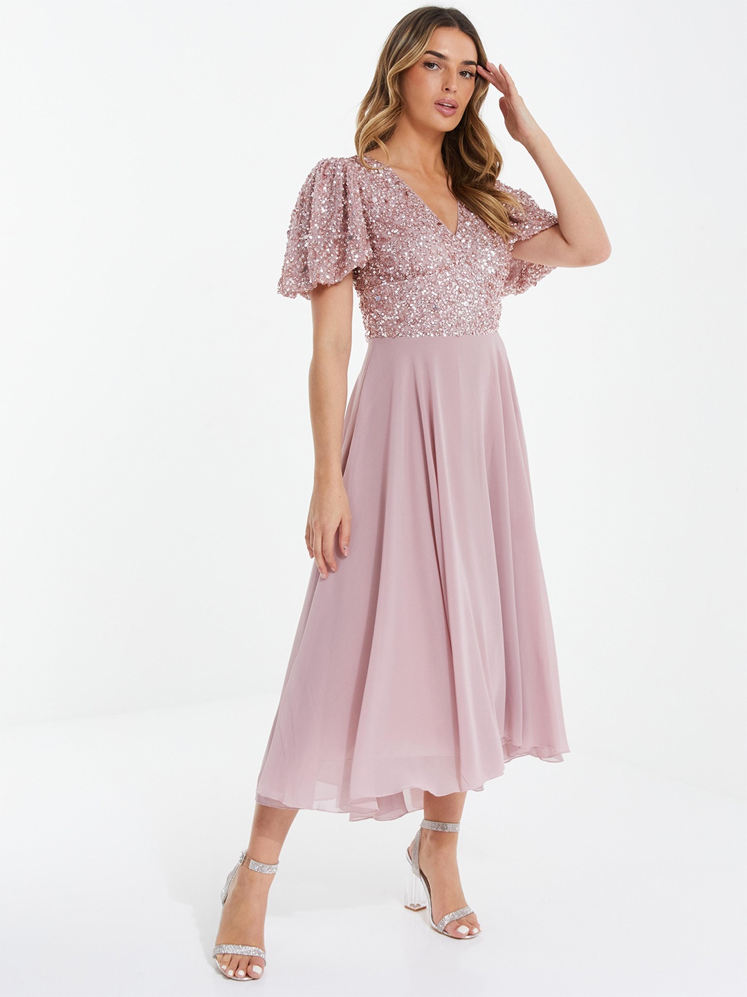 

QUIZ V-Neck Embellished Fit & Flare Midi Dress, Pink