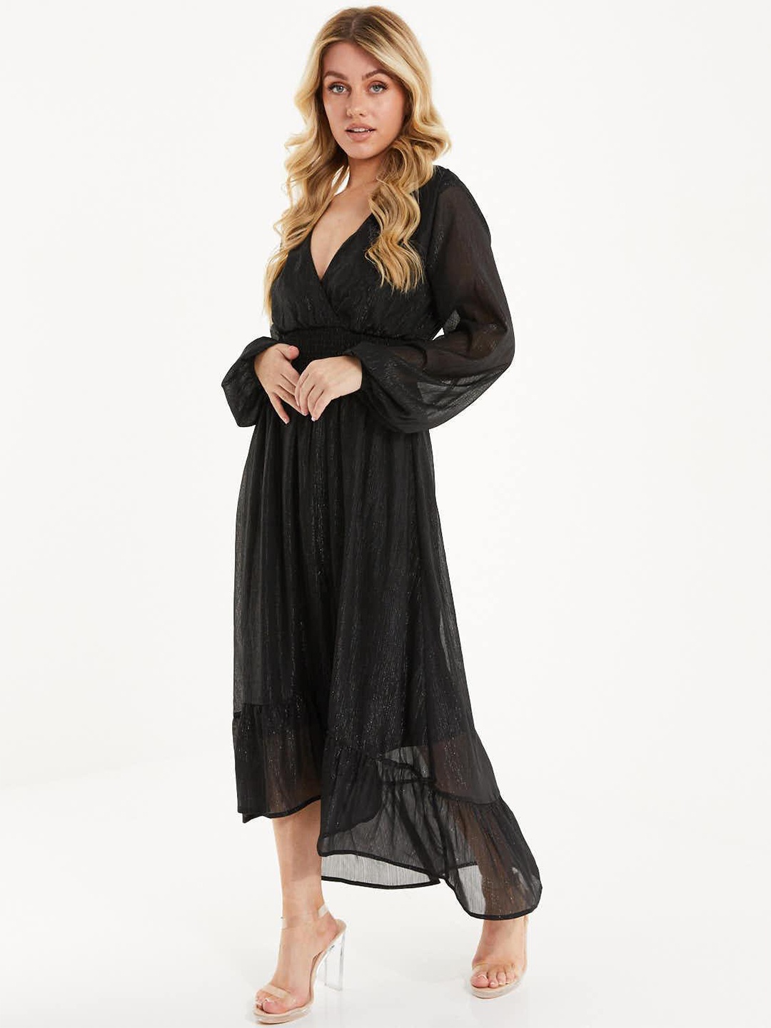 QUIZ V-Neck Bell Sleeve Maxi Dress, Black