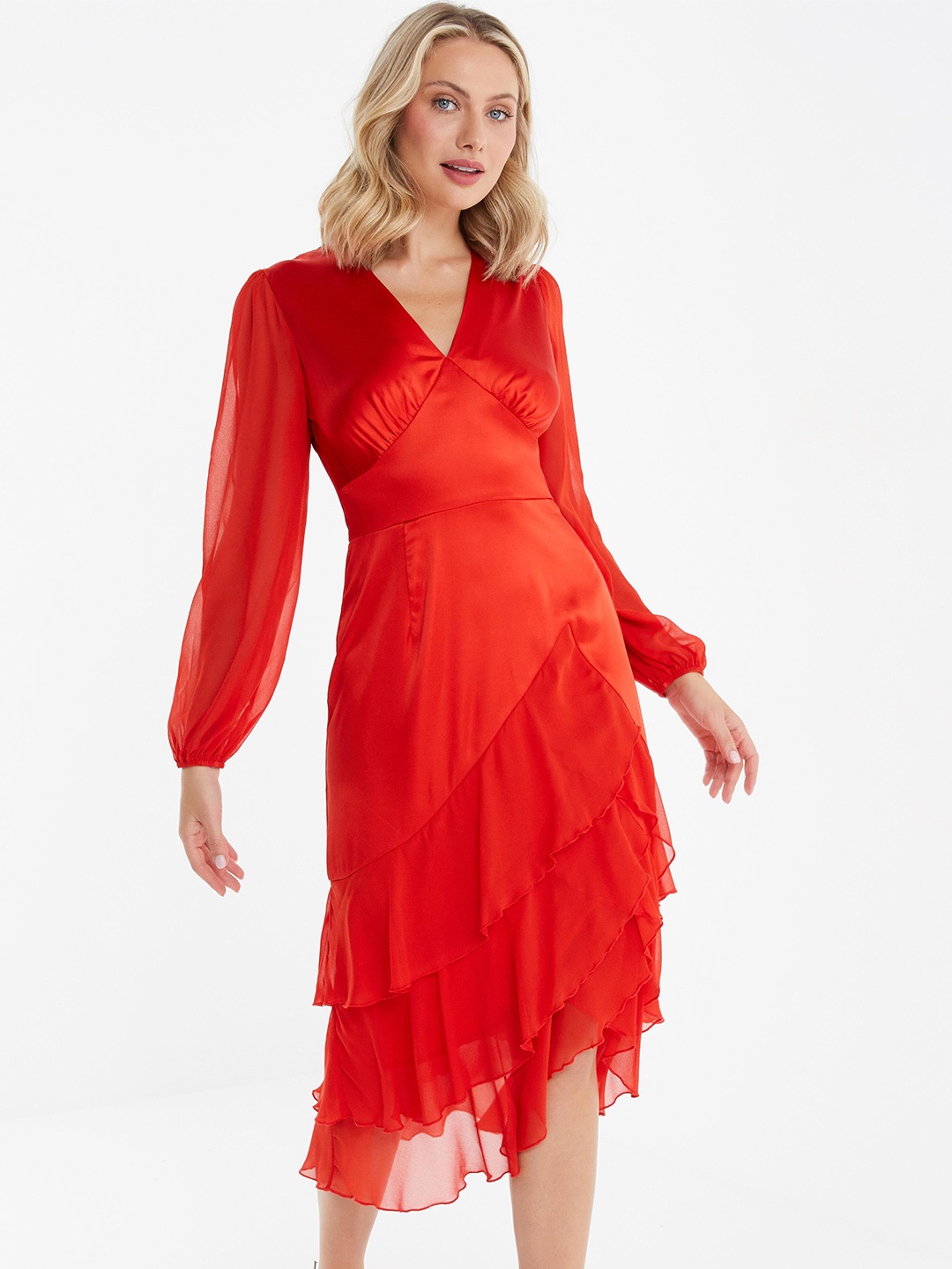 QUIZ V-Neck Puff Sleeve Layered Midi Wrap Dress, Orange