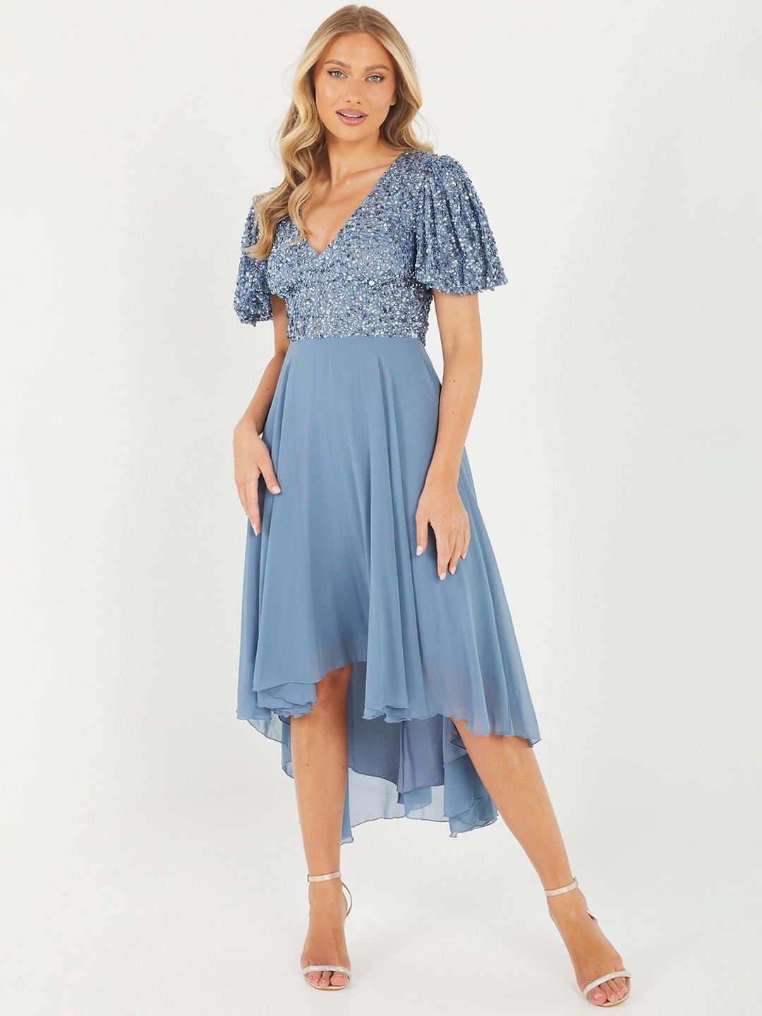

QUIZ V-Neck Embellished Fit & Flare Midi Dress, Blue