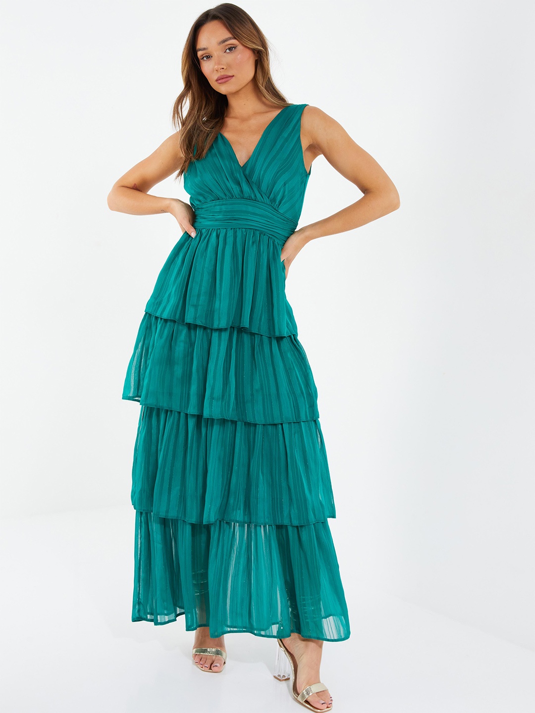 QUIZ V-Neck Layered Maxi Dress, Green