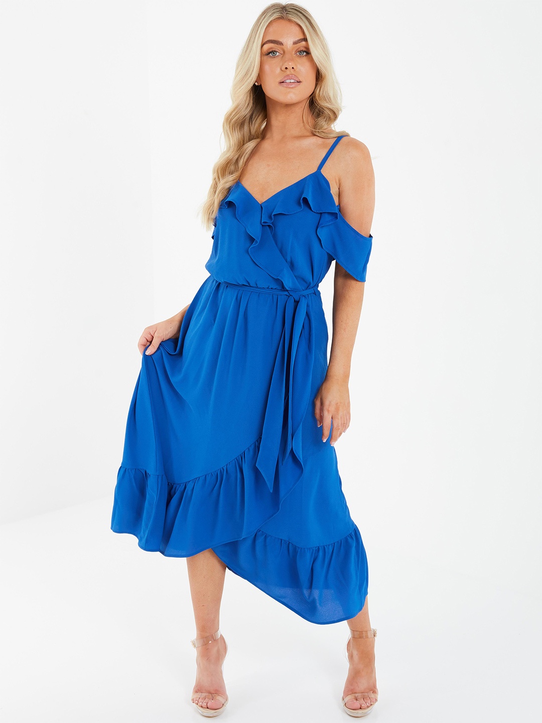 

QUIZ Cold-Shoulder Fit & Flare Midi Dress, Blue