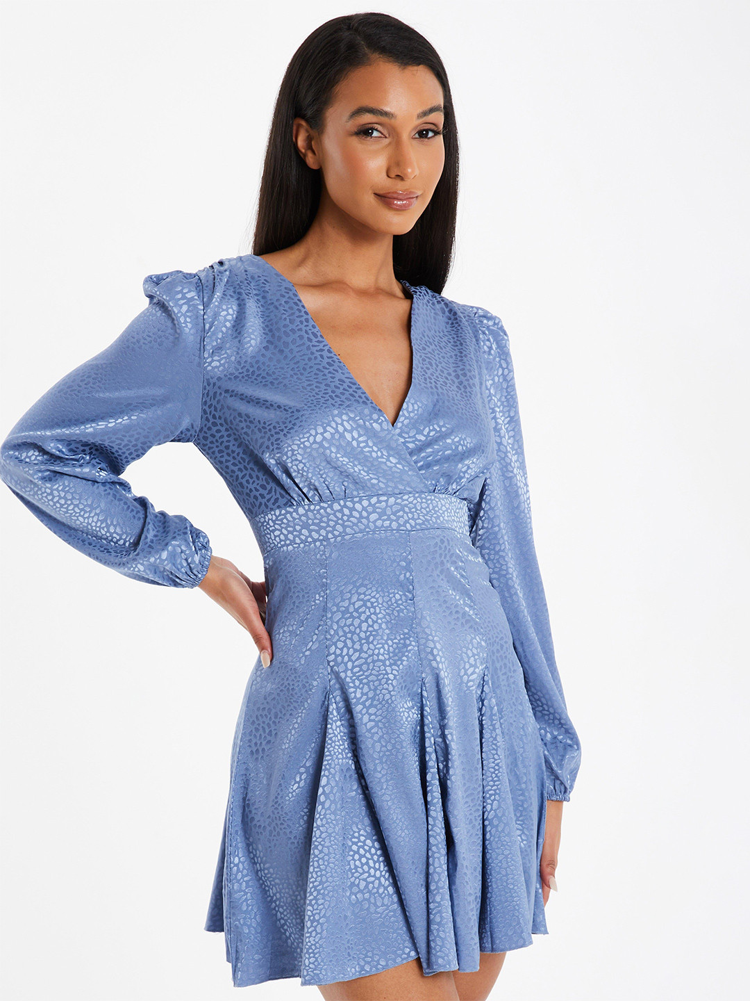 

QUIZ V-Neck Mini Fit & Flare Dress, Blue