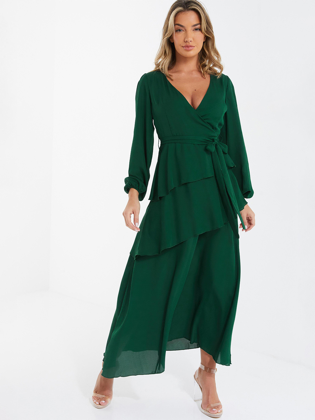

QUIZ V-Neck Layered Maxi Dress With Belt, Green