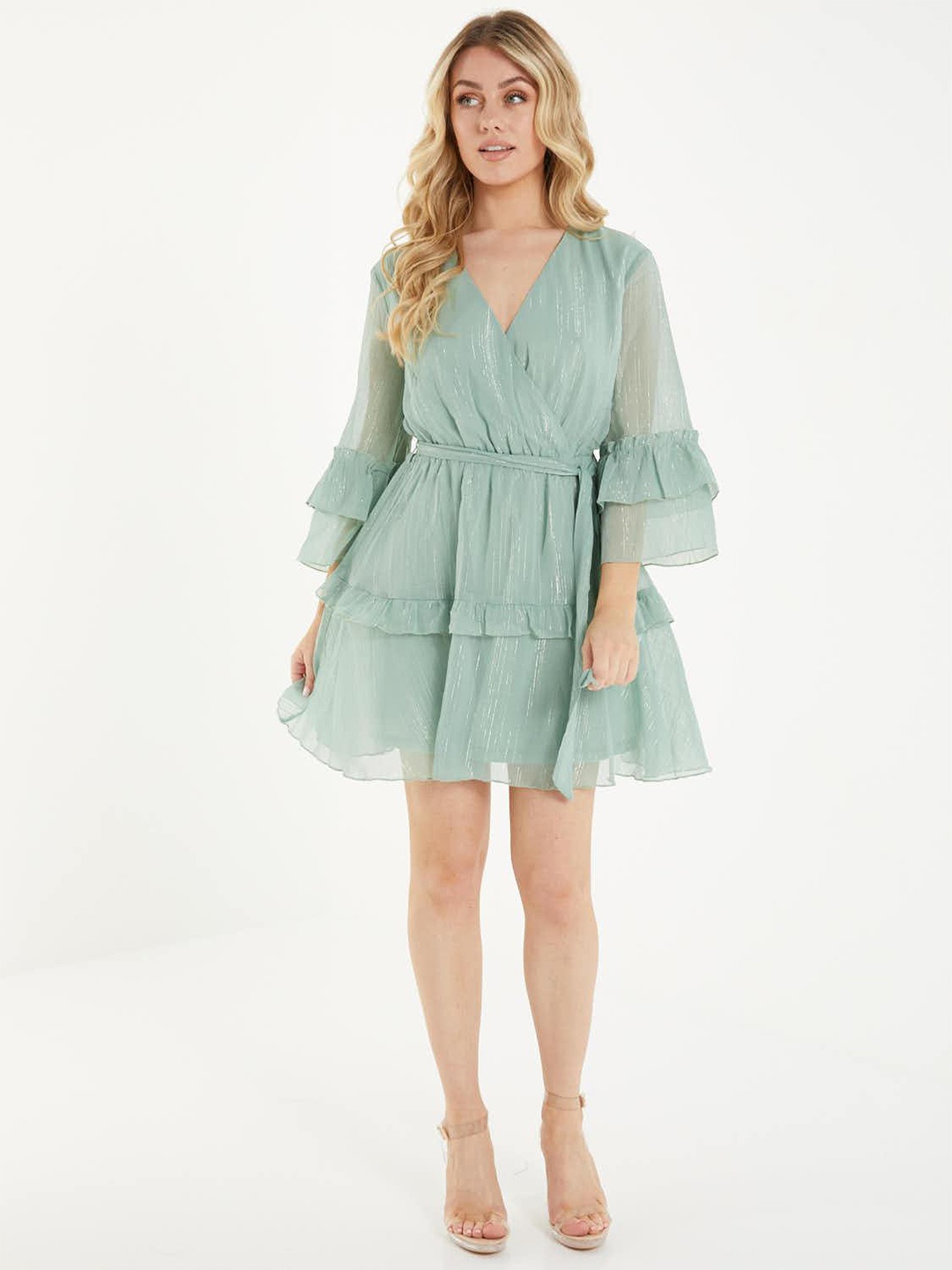 

QUIZ Bell Sleeve Tiered Fit & Flare Mini Dress With Belt, Green