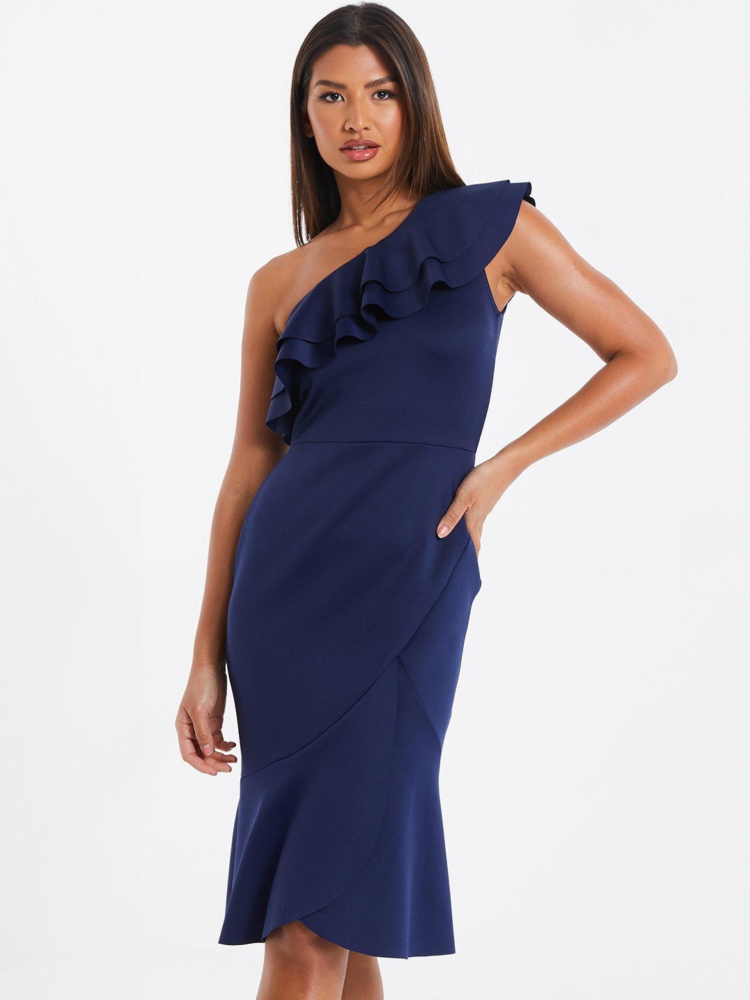 

QUIZ One Shoulder Ruffles Sheath Dress, Navy blue
