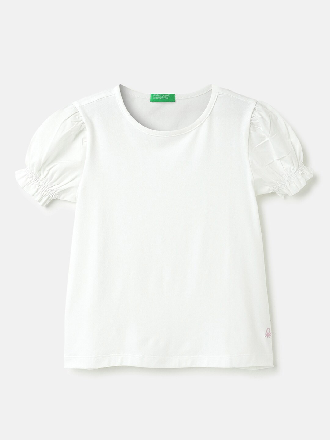 

United Colors of Benetton Girls Puff Sleeves Pure Cotton Top, White