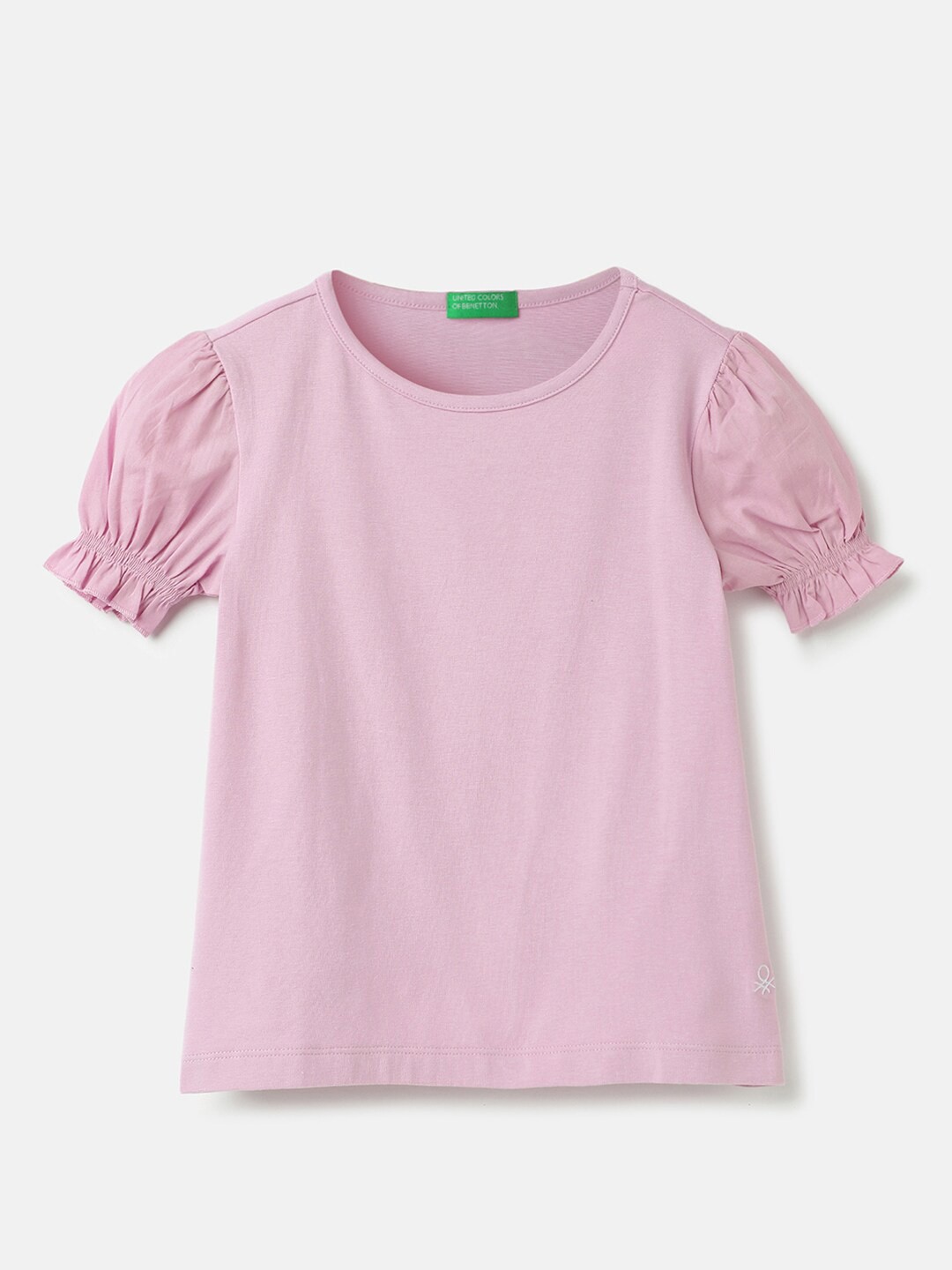 

United Colors of Benetton Girls Puffed Sleeves Pure Cotton Top, Pink