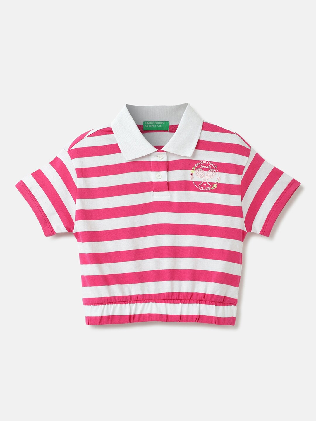 United Colors of Benetton Girls Striped Polo Collar Cotton Crop T-shirt, White