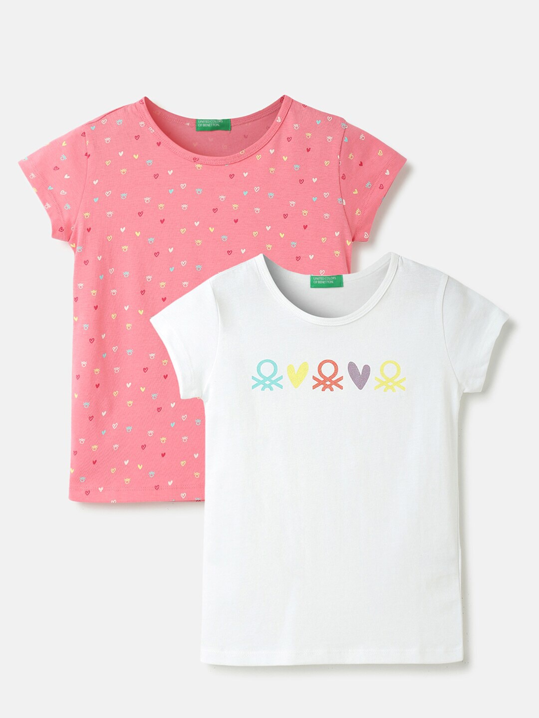 

United Colors of Benetton Girls Pack Of 2 Conversational Printed Cotton T-shirt, Pink