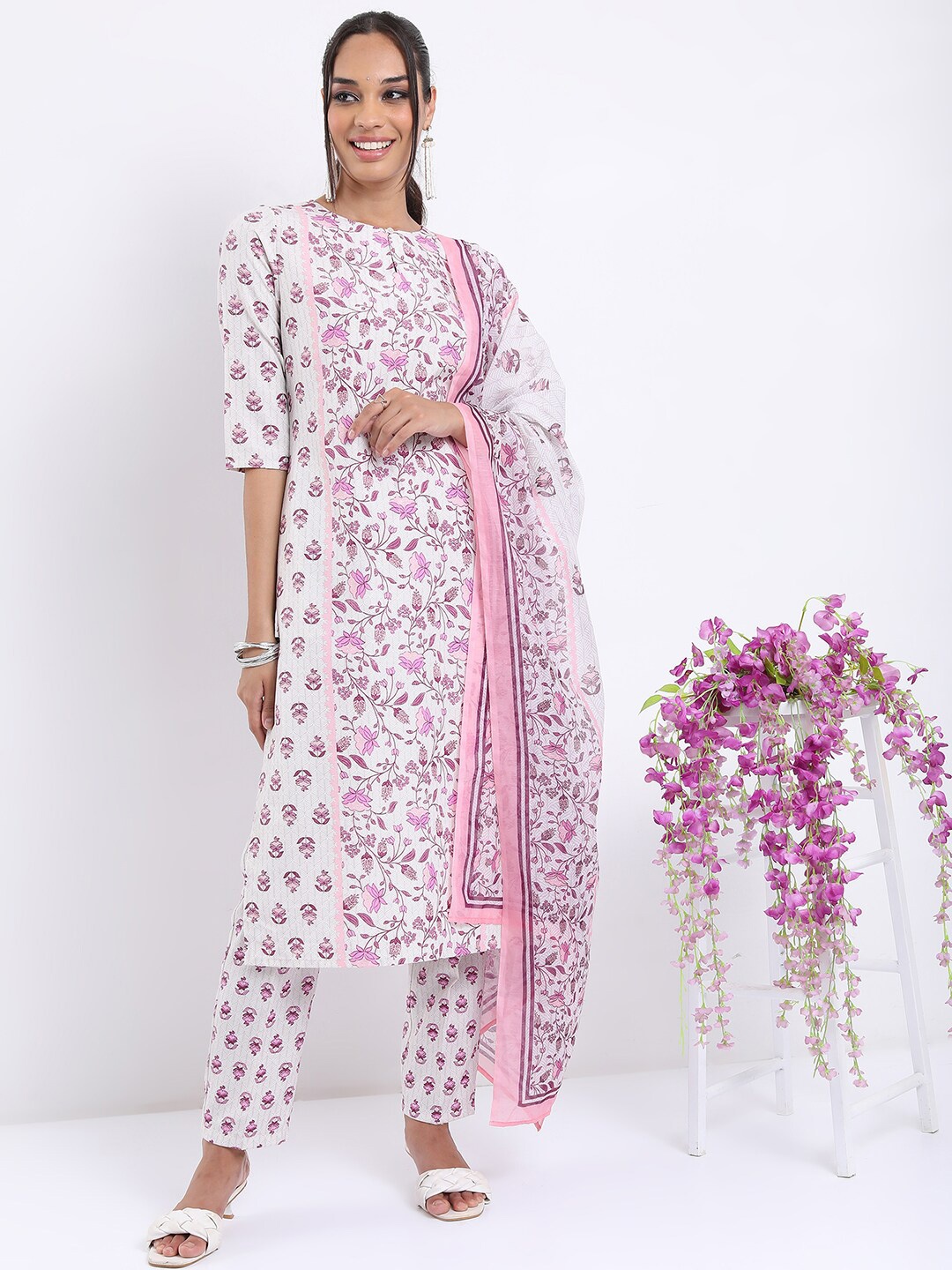 

Vishudh Floral Printed Straight Kurta with Trousers With Dupatta, White
