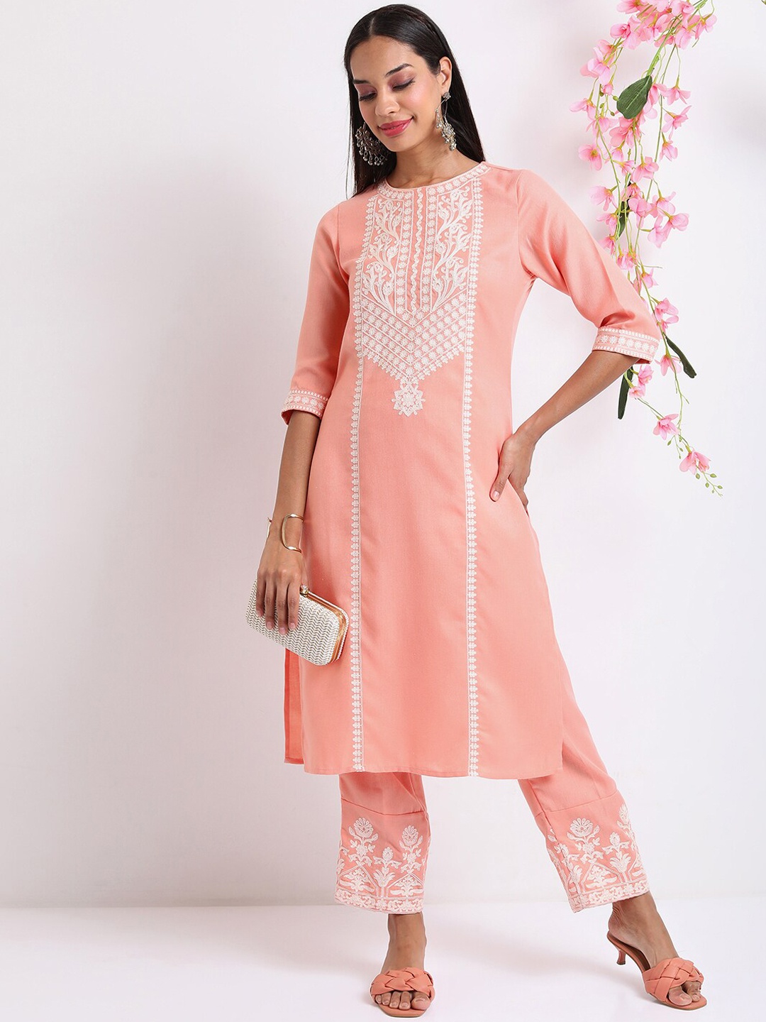 

Vishudh Coral Ethnic Motifs Embroidered Thread Work Regular Kurta with Palazzos