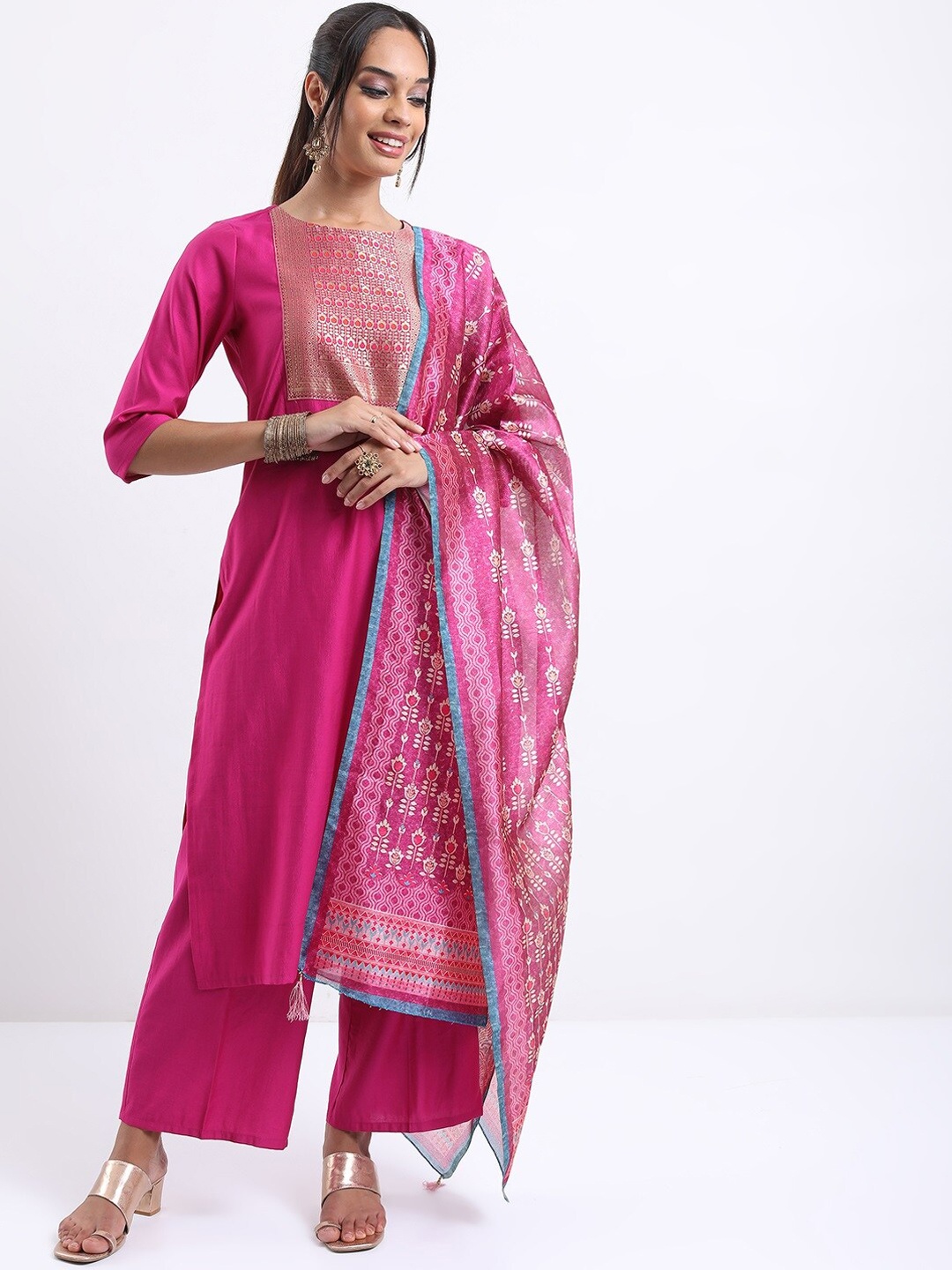 

Vishudh Magenta Ethnic Motifs Yoke Design Straight Kurta with Palazzos With Dupatta