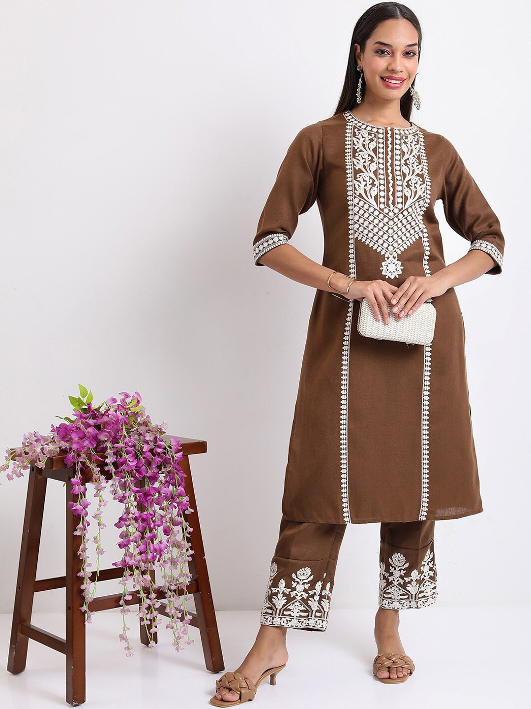 

Vishudh Ethnic Motifs Embroidered Thread Work Kurta with Palazzos, Taupe