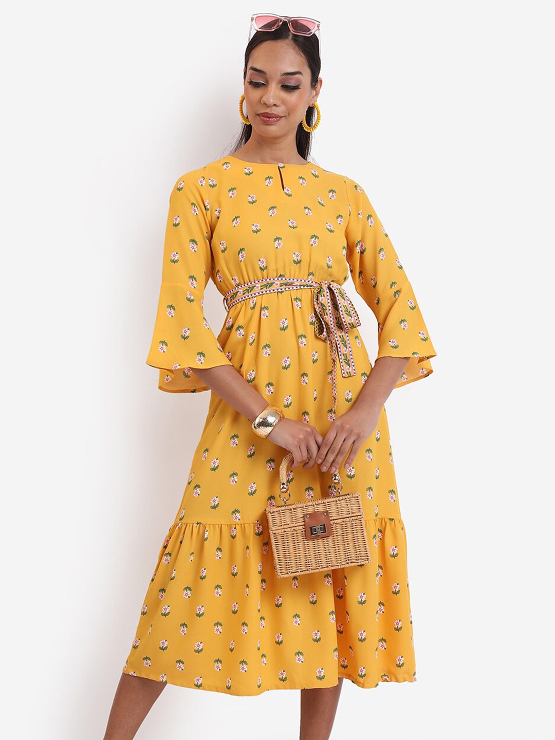 

Vishudh Mustard Yellow Floral Printed Keyhole Neck A-Line Midi Dress With Belt