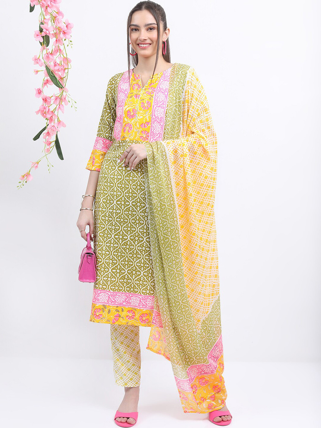 

Vishudh Green Ethnic Motifs Printed Pure Cotton Kurta with Trousers & With Dupatta