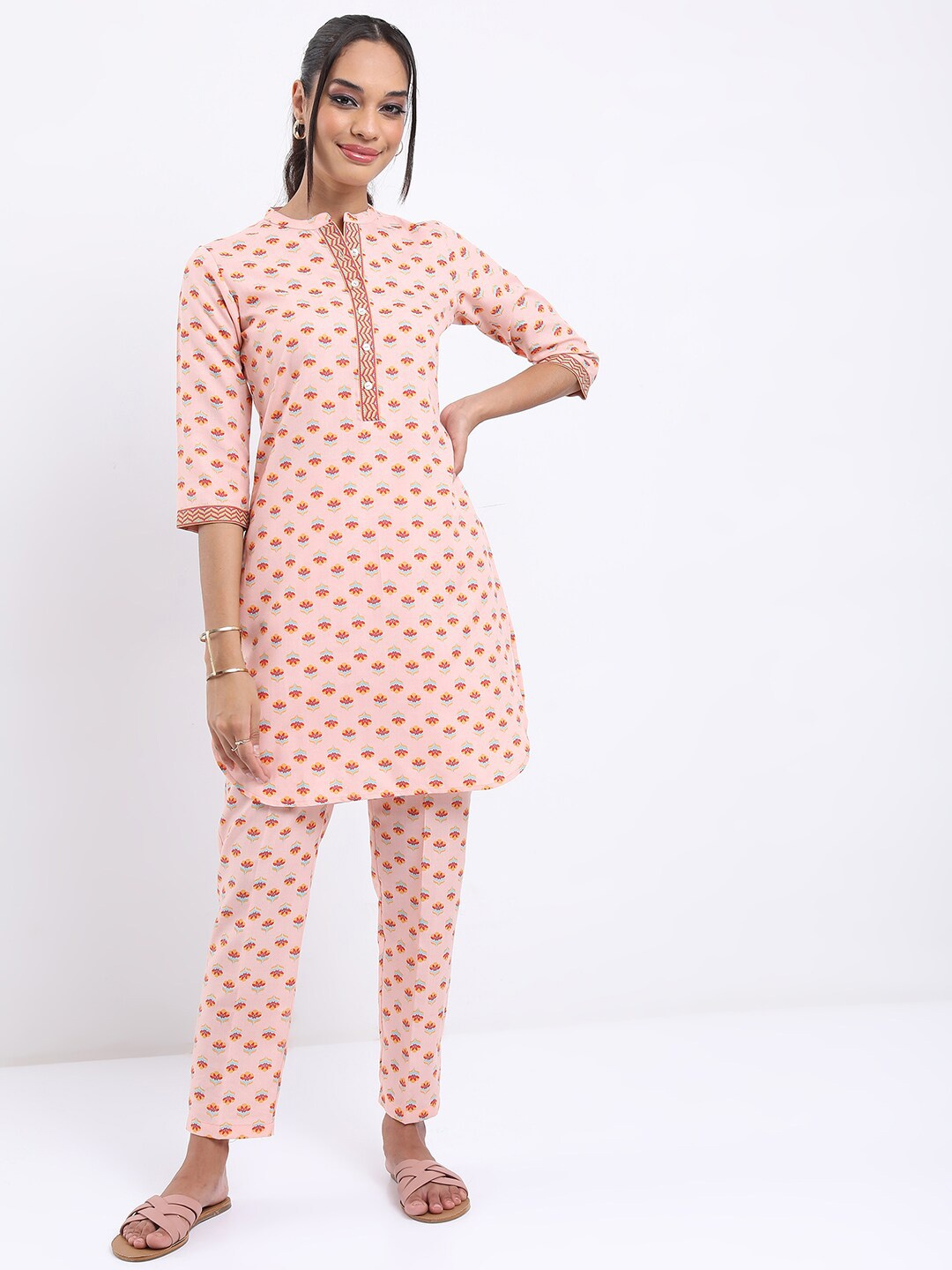 

Vishudh Peach-Coloured Floral Printed Band Collar Top with Trousers