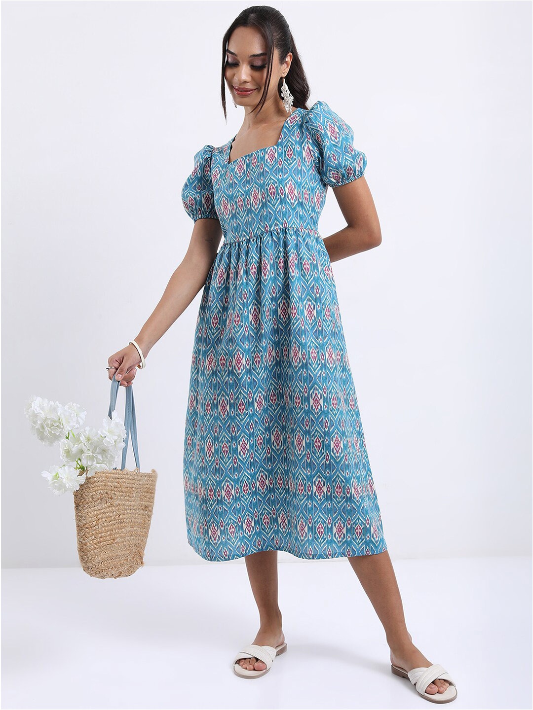 

Vishudh Turquoise Blue Ethnic Motifs Printed Square Neck Midi A-Line Dress