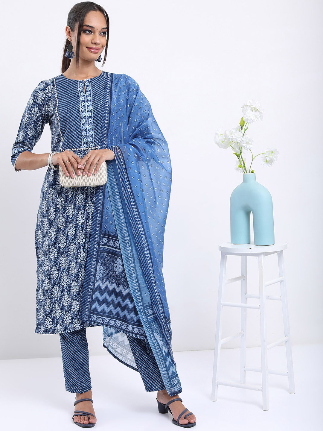 Vishudh Blue Ethnic Motifs Printed Straight Kurta with Trousers With Dupatta