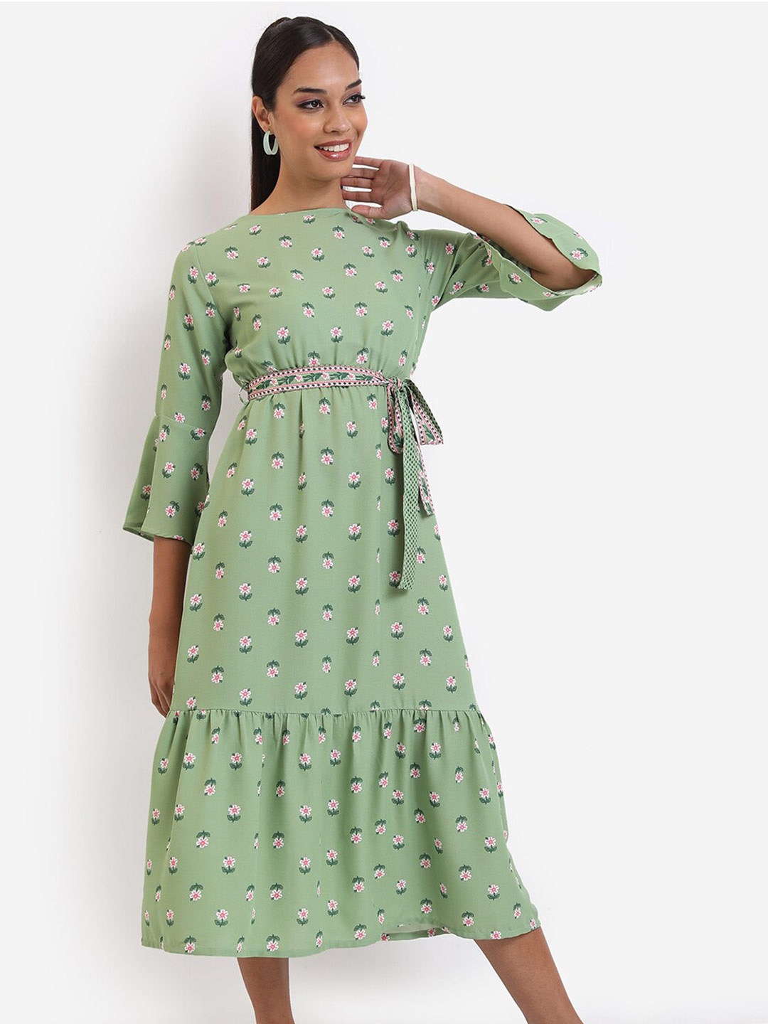 

Vishudh Green Floral Printed Boat Neck Midi A-Line Dress With Belt