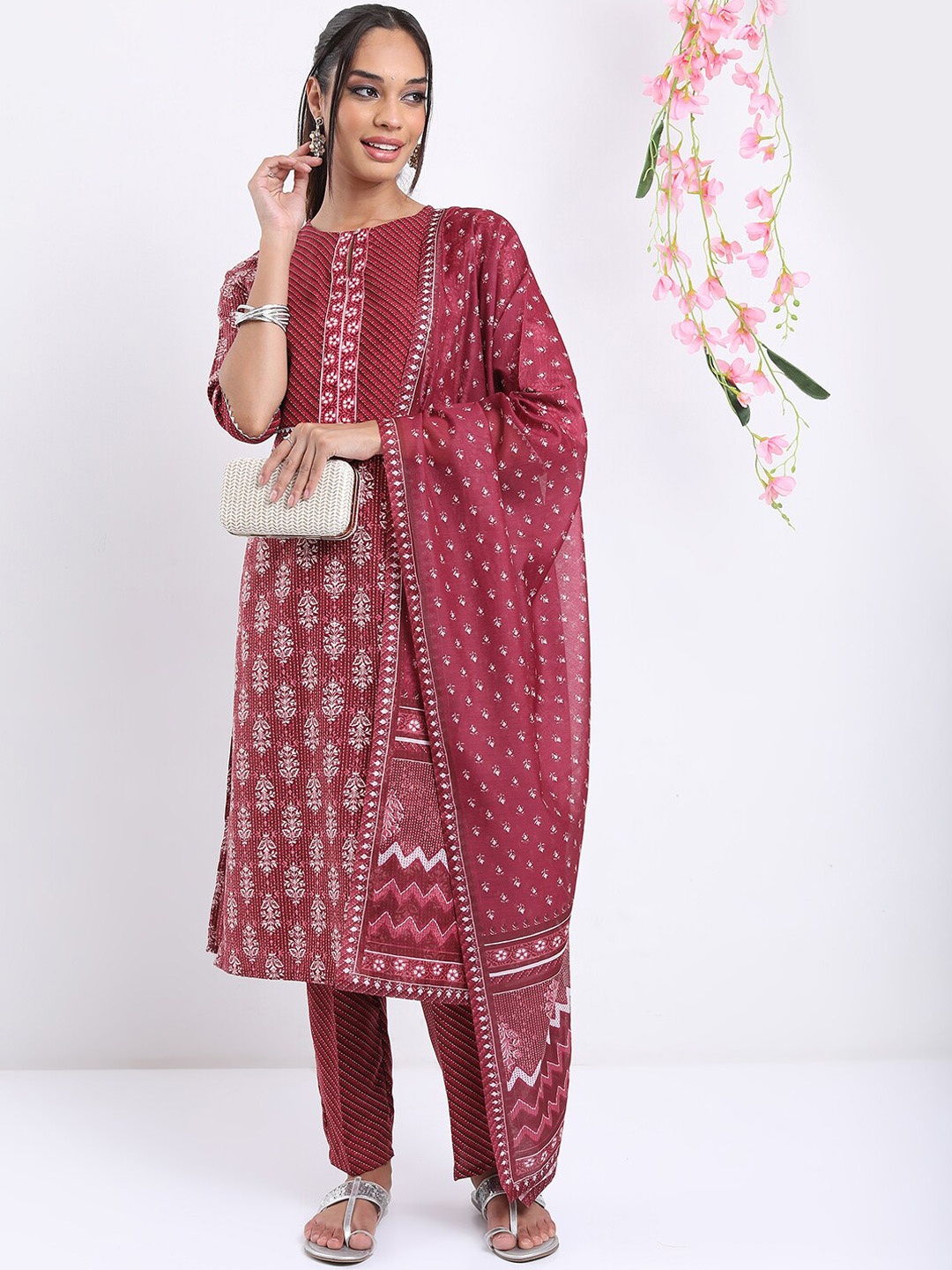 

Vishudh Maroon Ethnic Motifs Printed Kurta with Trousers & With Dupatta