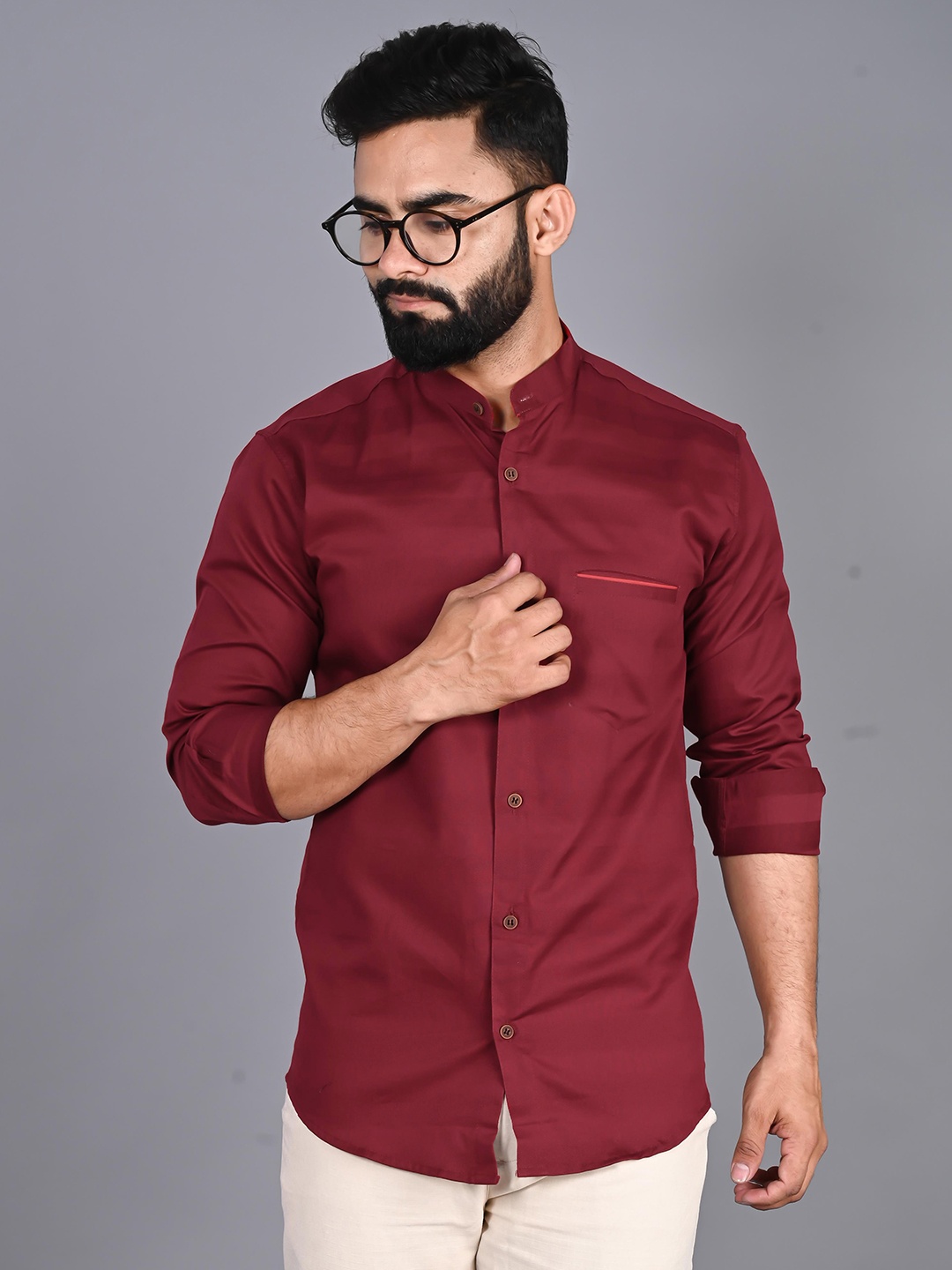 

FUBAR Striped Mandarin Collar Cotton Casual Shirt, Maroon