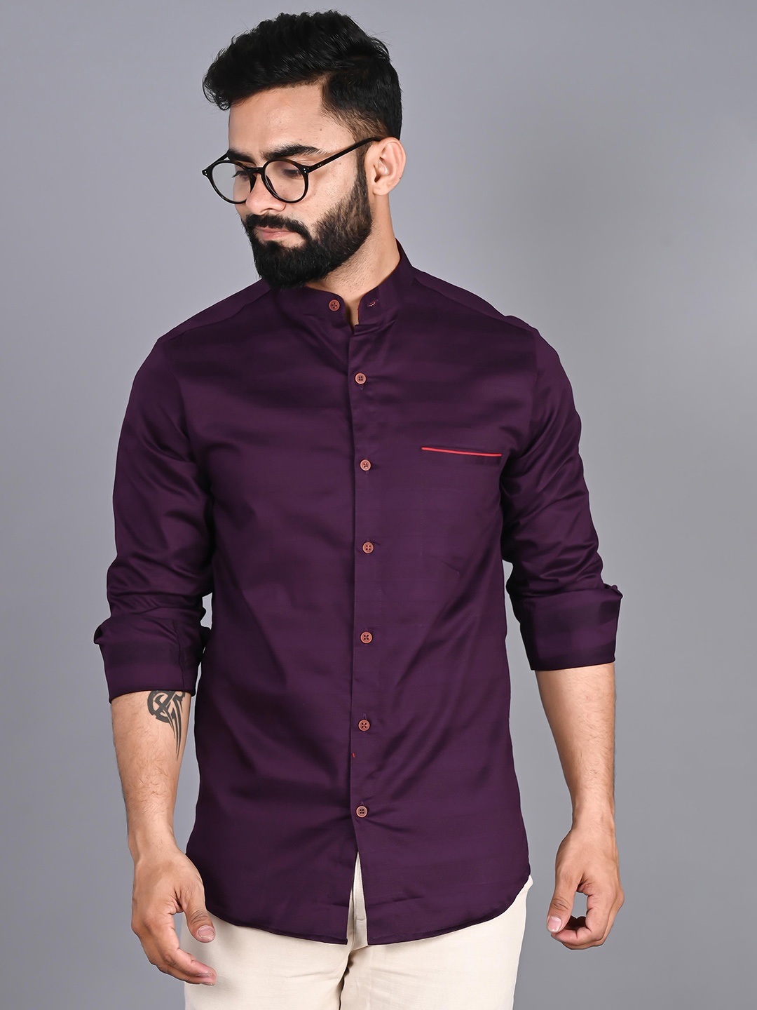 

FUBAR Striped Mandarin Collar Cotton Casual Shirt, Purple