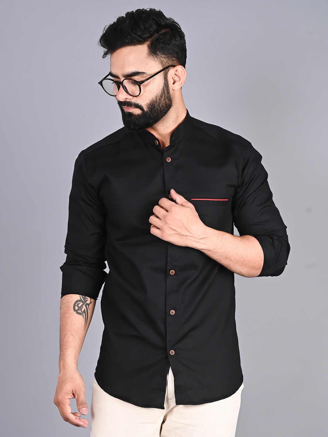 

FUBAR Modern Band Collar Cotton Casual Shirt, Black